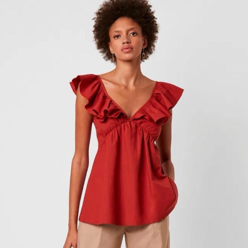French Connection Azana Cotton Poplin Ruffled Top in denim blue.